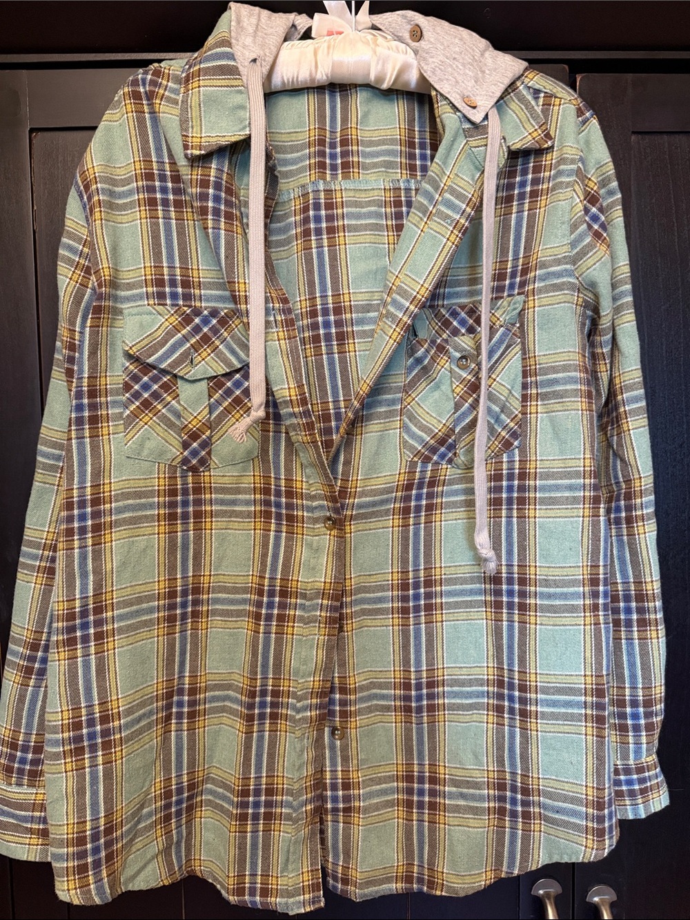 Plaid Hooded Button-Up Shirt Jacket in Mint & Brown
